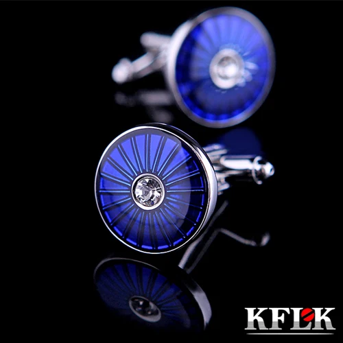 

2 Color KFLK Luxury shirt cufflink for mens gift Brand cuff button Crystal cuff link Blue High Quality abotoadura Jewelry