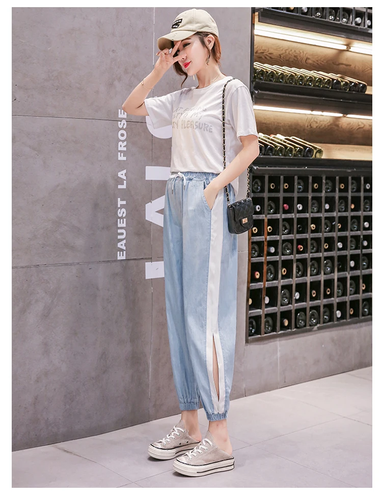 Boyfriend, тонкие, Tencel, хлопковые, летние, джинсовые штаны, женские,, модные, с эластичной талией, с боковыми полосками, сексуальные, с разрезом, брюки для женщин