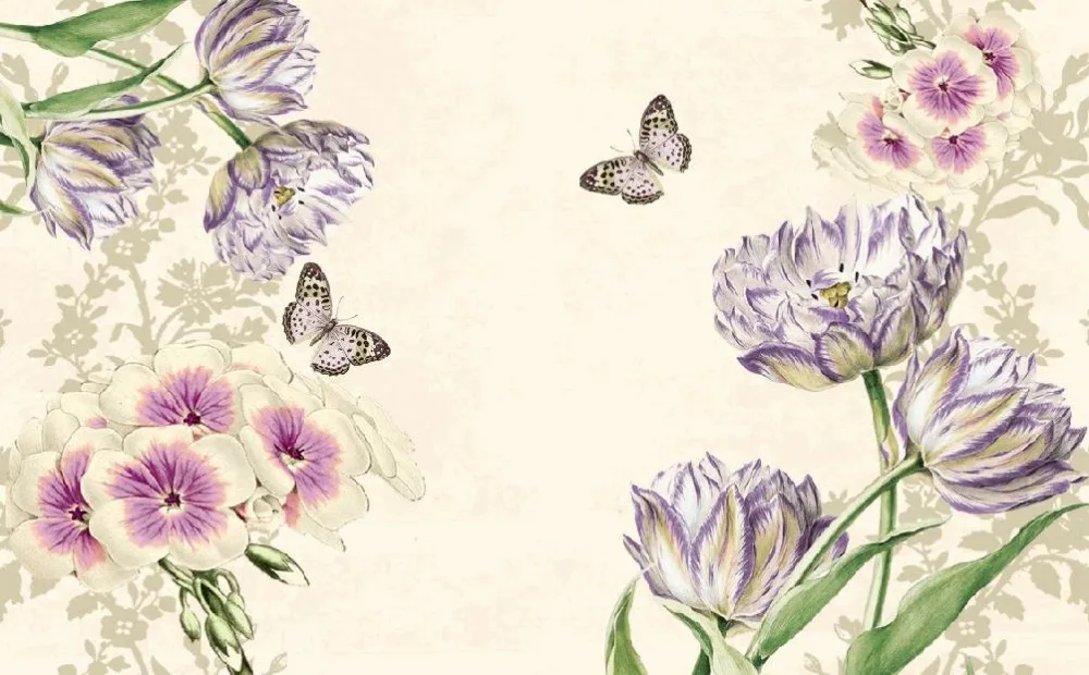 3d обои для комнаты ручная роспись тюльпаны фиолетовые цветы Европейский стиль