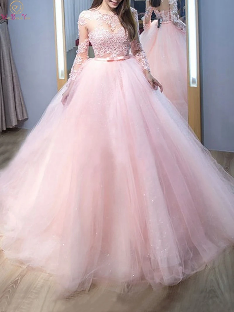 Розовые Бальные платья Quinceanera с глубоким вырезом длиной до пола длинным рукавом и