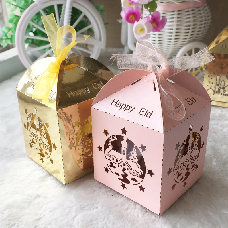

100pcs/lot Happy Eid Theme Ramadan Decorations Box Laser Cut Carved Pattern Candy Gift Box Free Customized