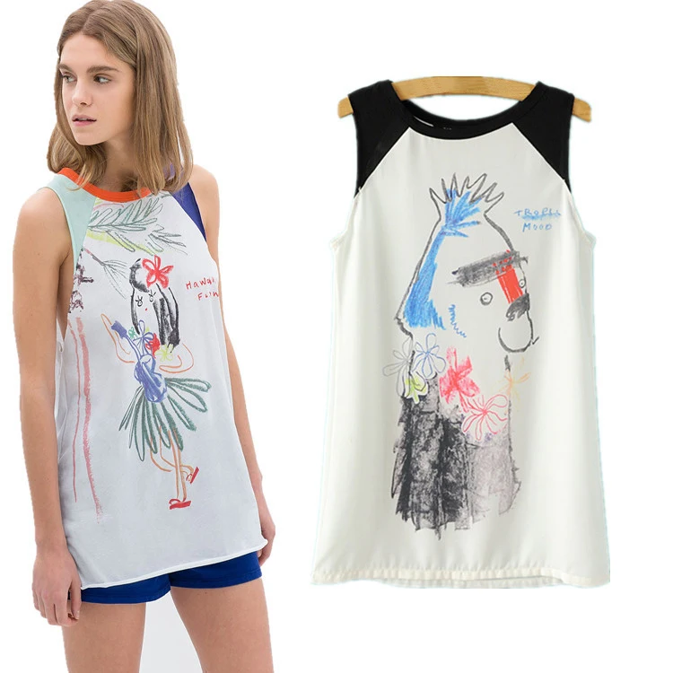 Women Chiffon Blouse Summer 2015 New Arrival European Casual Cartoon Pattern Abstract Printed O-neck Sleeveless Shirt 666 |