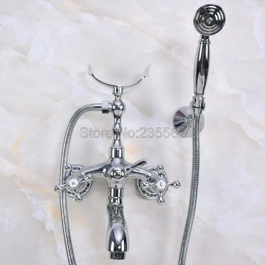 

Wall Mount Chrome Clawfoot Bath Tub Filler Faucet Set Handheld Shower lna234