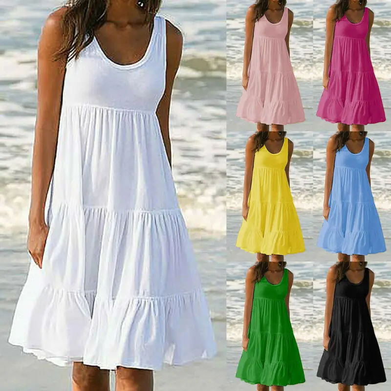 Womens Holiday Summer Solid Sleeveless Party Beach Loose Short Dress Sundress