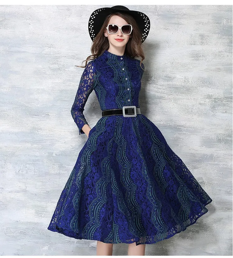 Robe Tunique приталенное и расклешенное кружевное платье со стоячим воротником и длинным рукавом для женщин Jurken Vestidos Encaje Mujer
