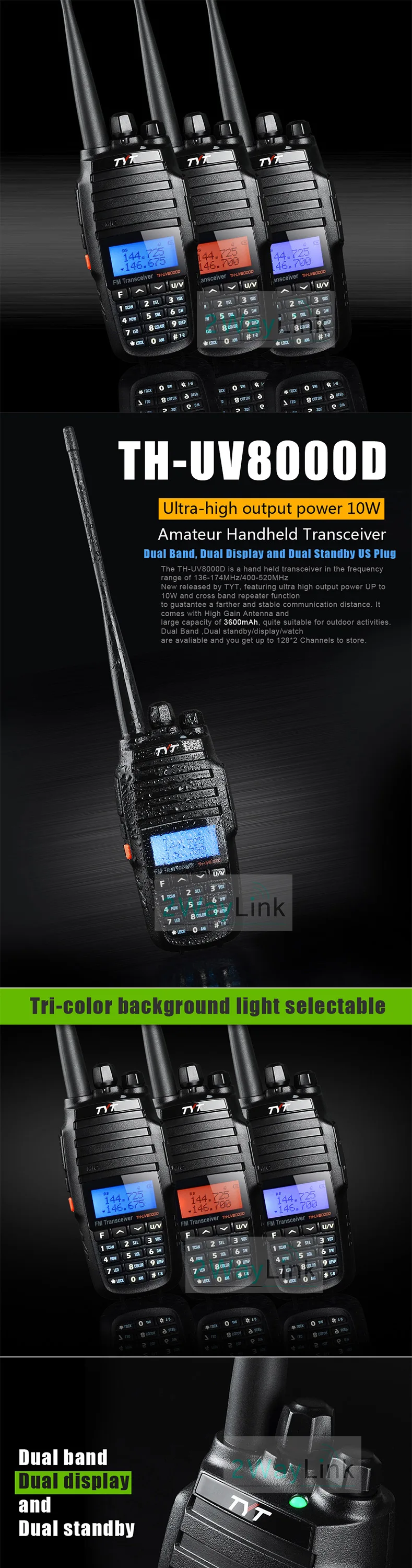 TYT TH-UV8000D портативная рация 10 км двухдиапазонный VHF& UHF 10 Вт 10 км любительский радиоприемник 3600 мАч функция перекрестного ретранслятора радиоприемник TYT