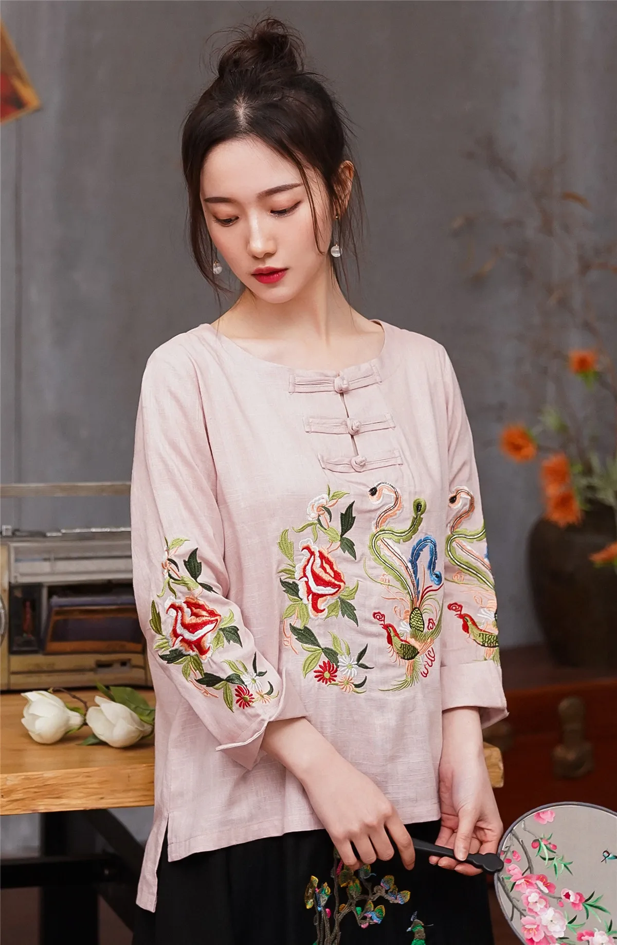 Шанхай история вышивка китайские блузки смесь льна хлопок Cheongsam рубашка Ципао национальная модная одежда 4 цвета