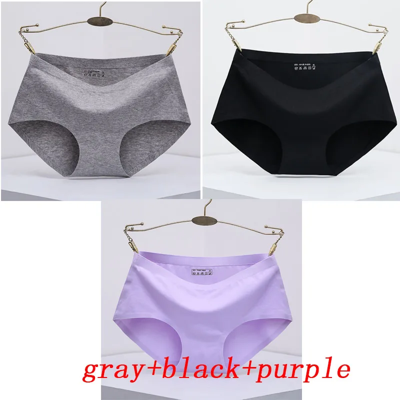 gray black purple 3 шт./лот, женские трусики, цельное бесшовное женское нижнее белье, трусы со средней талией, сексуальное хлопковое женское нижнее белье, трусы - Цвет: gray black purple
