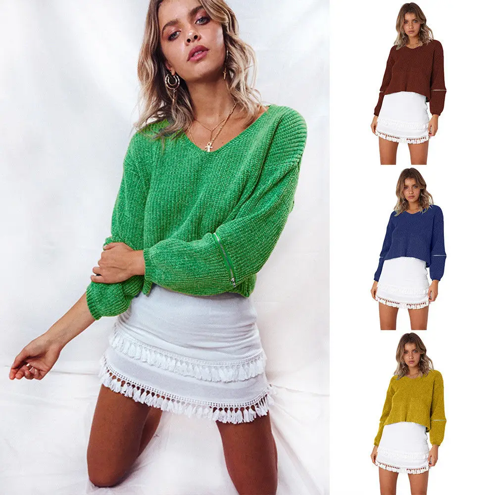 SZCHORIA New Fashion Sweater Women Sexy V Neck Zipper Long Sleeve Design Solid Color Loose Slim Knit | Женская одежда