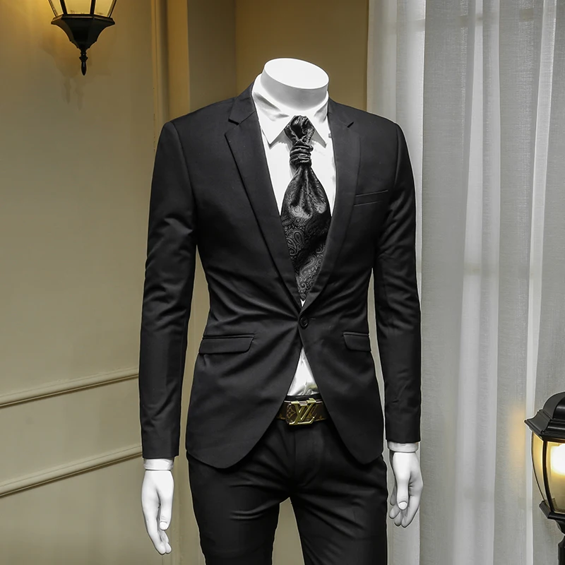 

XM GEEKI Men Wedding Dress Suit Jackets Spring Blazers Slim Mans Two Pieces Suits Male Pure Black Street Suit 365wt60