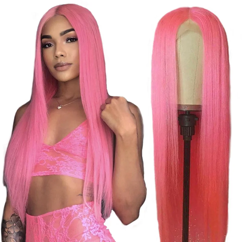 Pink 150% 13*4 человеческие волосы на кружеве, парики Remy, предварительно выщипанные прозрачные кружевные парики, бразильские прямые парики на кружеве для черных женщин - Цвет: Pink