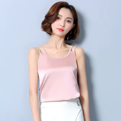 Gkfnmt, летние женские топы,, Модная шелковая блузка, тонкая, без рукавов, blusa feminina, крутые футболки, рубашки размера плюс 3XL - Цвет: pink