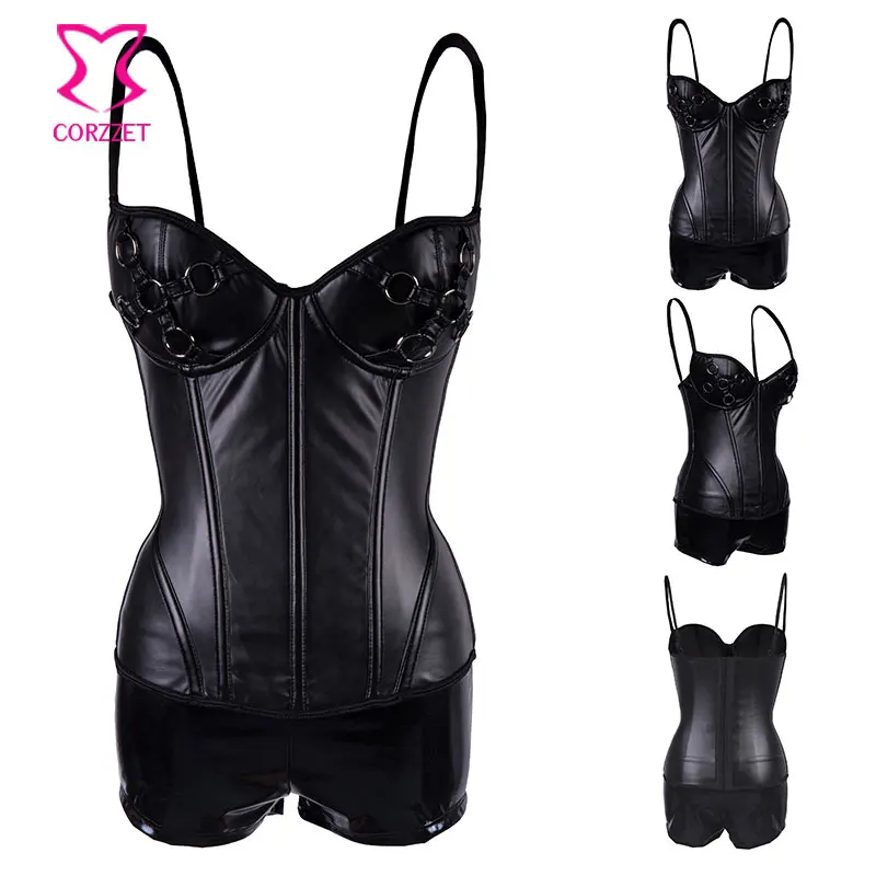 Черное Кожаное Эротическое бюстье с эффектом пуш ап корсет комплект нижнего