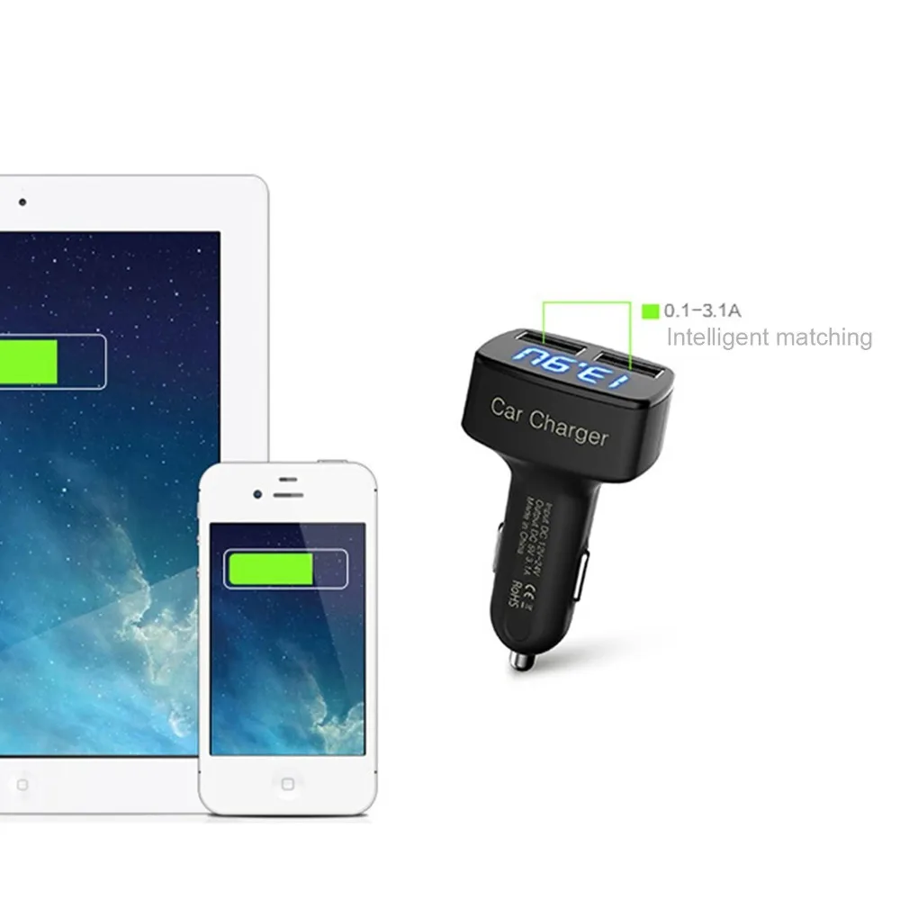 Автомобильное зарядное устройство с двумя USB портами вольтметр термометр