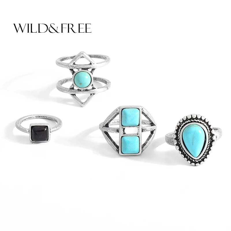 WILD&ampFREE Vintage Bho 4 pcs Ring Set For Women Punk Style Antique Gold Multicolor Stone Beads Turkish Knuckle Rings Party GifT |