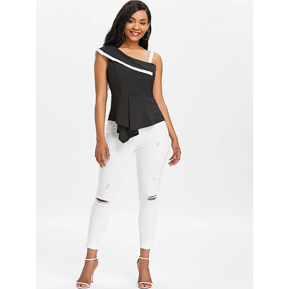 VESTLINDA одно асимметрия на плечо шею длинной баской Асимметричный черная блузка