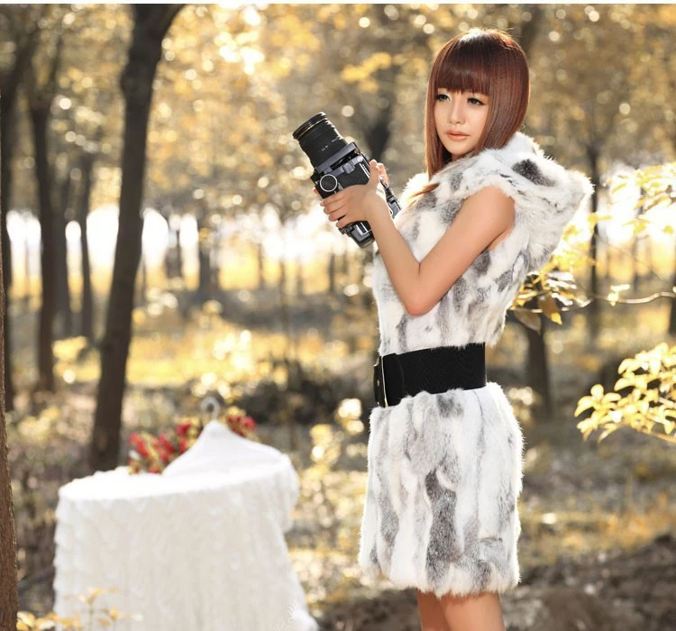 Lady Real Piece Rabbit Fur Vest Waistcoat Hooded Autumn Winter Women Outerwear Coats Female Gilet Plus Size 1024 | Женская одежда