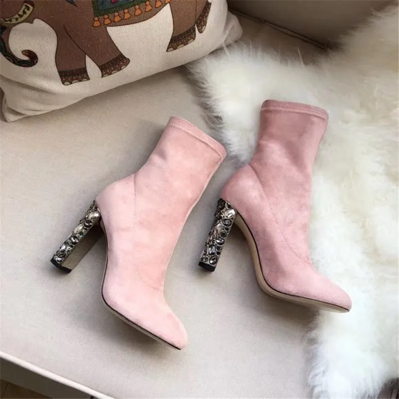 pink short Silla/женские ботфорты выше колена из эластичного флока; женские сапоги на очень высоком каблуке с круглым носком, украшенные кристаллами; сапоги из натуральной кожи; облегающие сапоги - Цвет: pink short