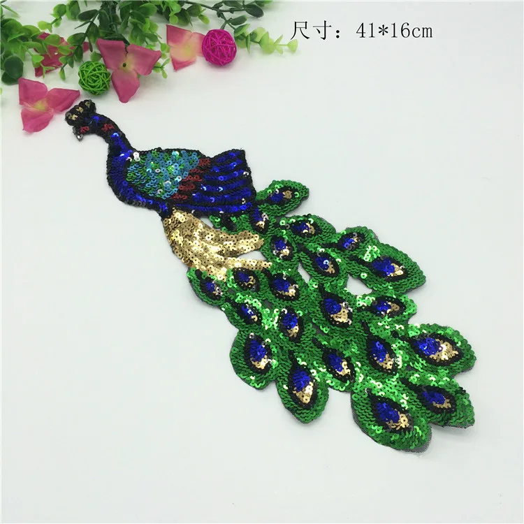 

20pcs Large Sequin Peacock Feather Embroidery Patches For Clothing Fabric Applique African Lace Sew On Dress Clothes Accessory