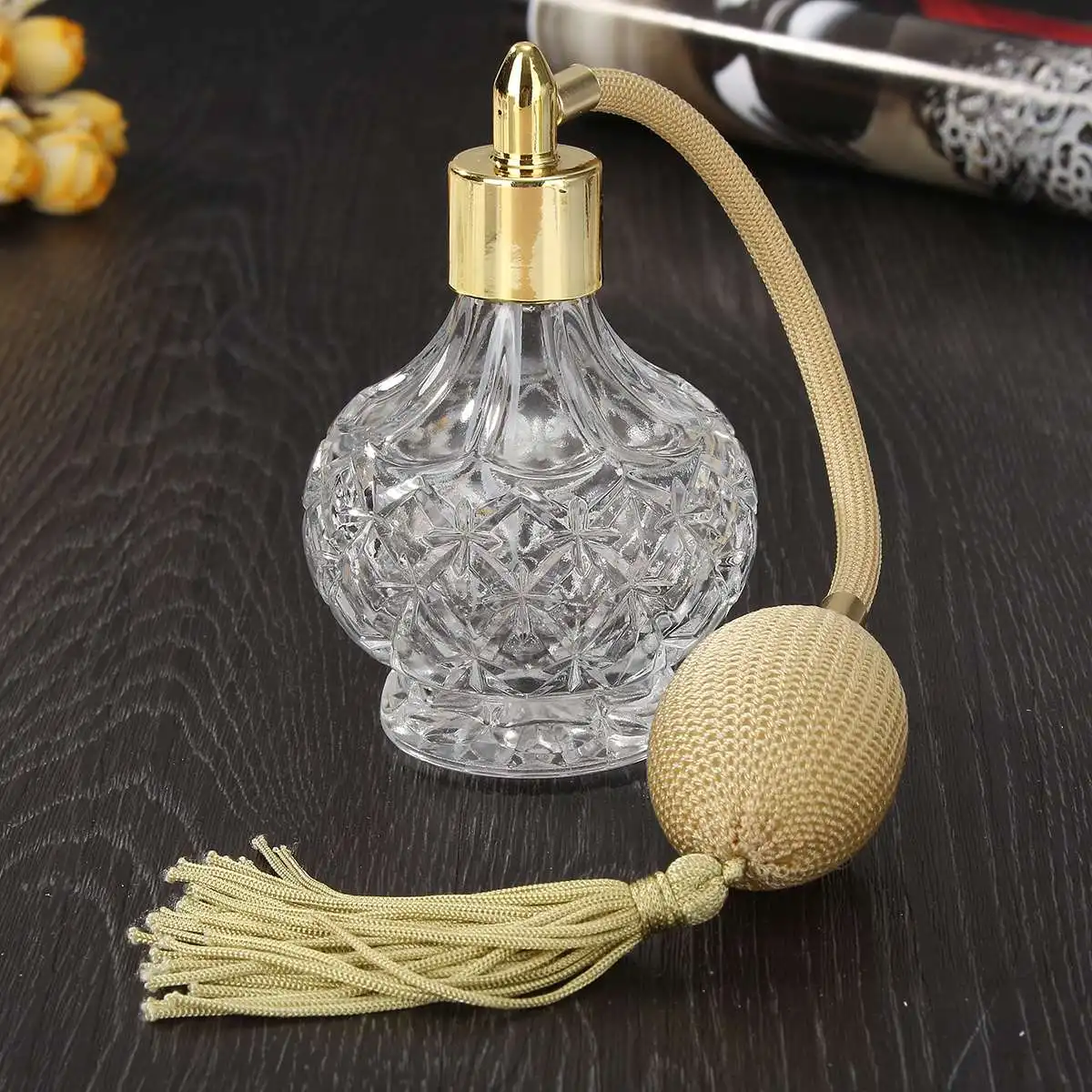 Флакон для духов с прозрачными кристаллами 80 мл Золотой Длинный спрей кисточками