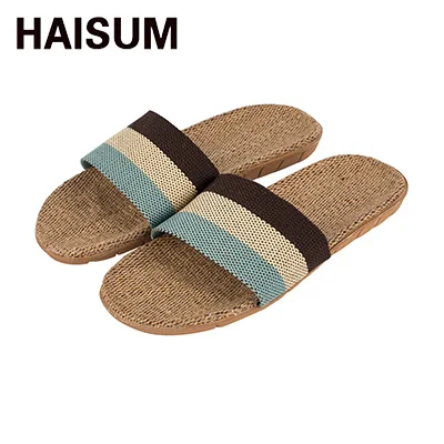 Brown beige blue Haisum/мужские летние льняные домашние сандалии на плоской нескользящей подошве с полосками; коллекция года; zapatos hombre Pantufas; H-8821 - Цвет: Brown beige blue