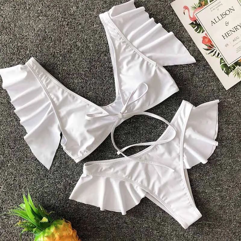 Женский купальник бикини 2019 пуш ап с оборками однотонный сексуальный женский из