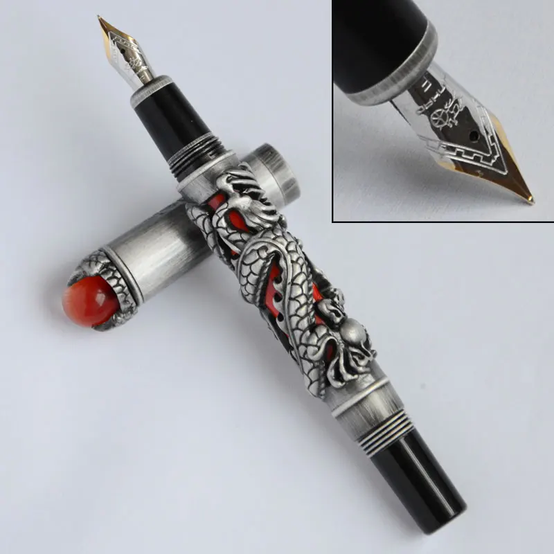 Перьевая ручка Jinhao DRAGON KING PLAY PEARL RED BARREL антикварный серебряный дракон тиснение прекрасный 18KGP перо 3 вида цветов для выбора офиса - Цвет: Color 1 as picture