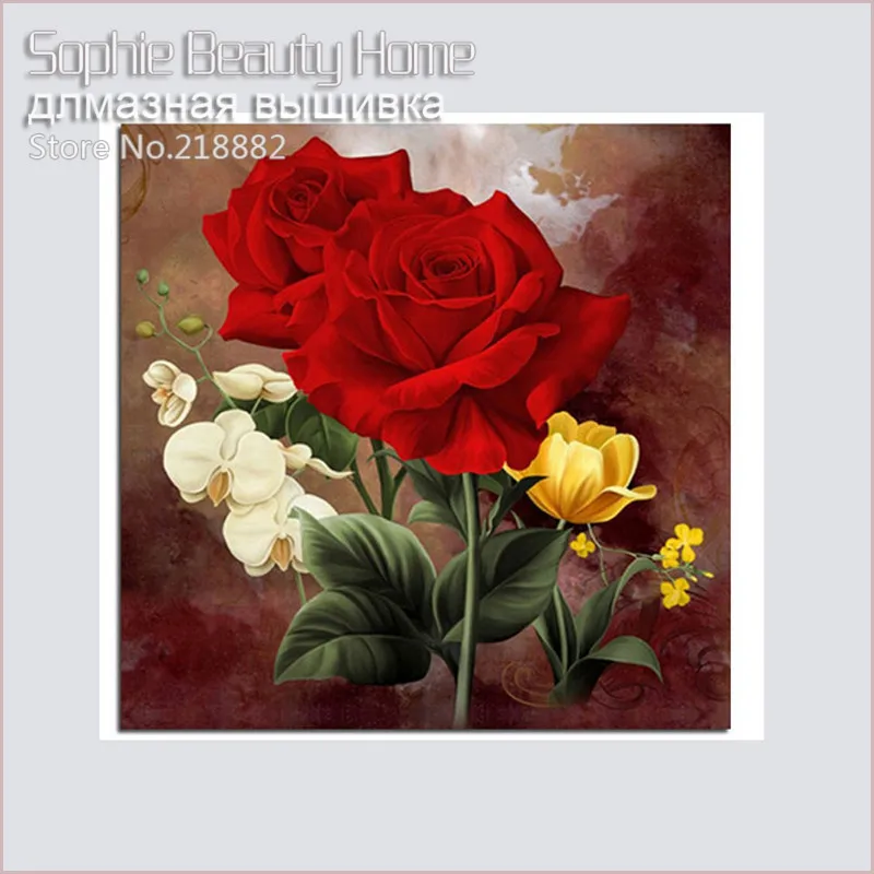 Картина из страз сделай сам Sophie Beauty желтая Цветочная красная роза вышивка