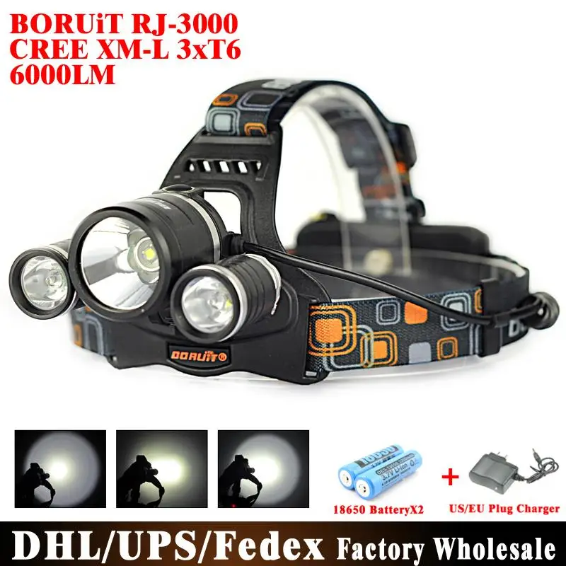 

DHL 50pcs/lot RJ-3001 3x XM-T6 6000 Lumens 4-Mode USB Rechargeable LED Headlamp Battery And Charger
