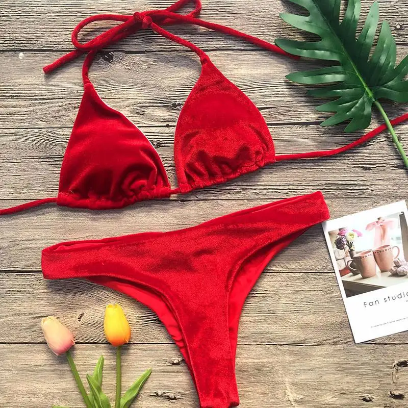 Модные бархатные комплект бикини triangulo maillot de bain femme Спагетти ремень Холтер Biquinis