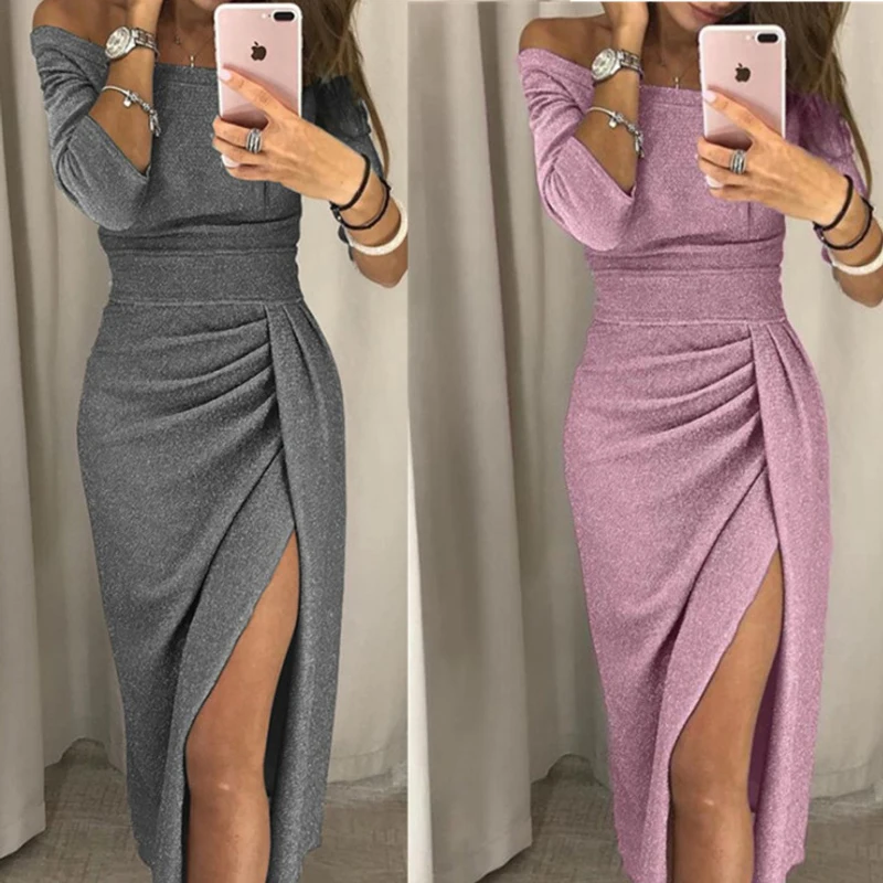 Женское сексуальное платье с вырезом лодочкой длинным рукавом вечернее без