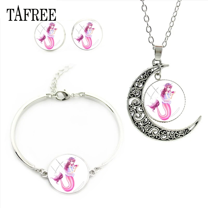 

TAFREE Mermaid Elves Art Jewelry Sets Statement Necklaces Stud Earrings Bracelets Delicate Exquisite Jewelry Set For Women Girls