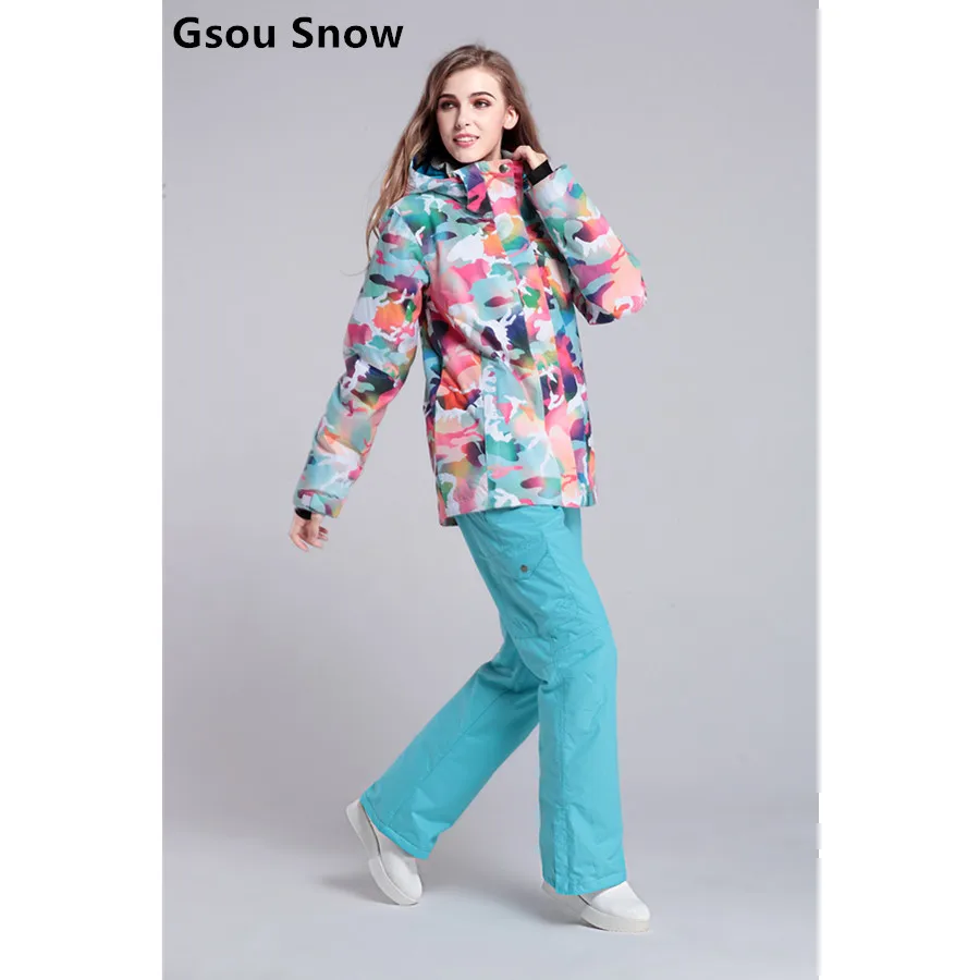 2017 gsousnow женский лыжный костюм разноцветный Камуфляж лыжная куртка и синие брюки