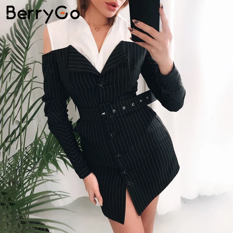 BerryGo офисные Короткие Блейзер Женщины платье в полоску Поддельные Комплект из