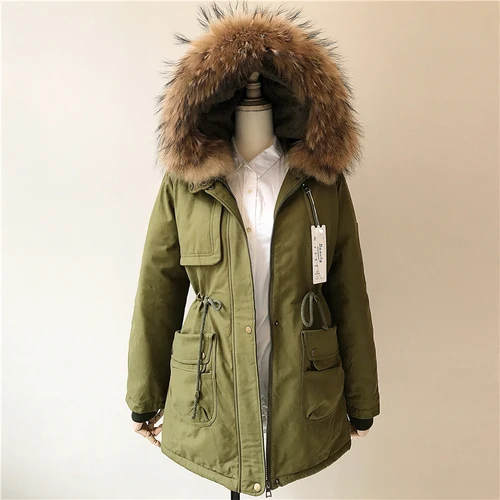 Army green AYUNSUE, Женская парка, зимняя куртка, для женщин, корейский стиль, большой меховой воротник енота, пара, длинное женское пальто, парки Abrigo Mujer KJ880 - Цвет: Army green