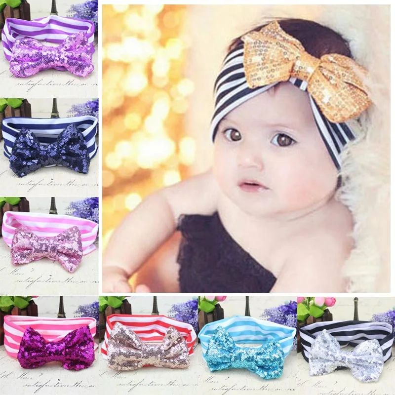 

Elastic Newborn Baby Girls Headband Shiny Bowknot Hair Band Children Striped Headband Baby Turban Headband Bandeau Bebe