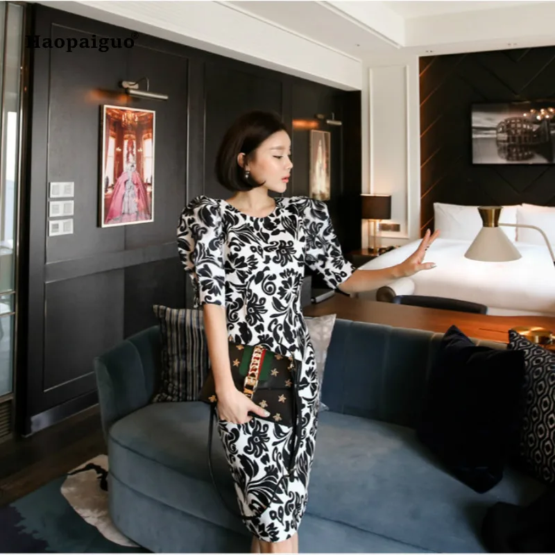 Женское платье-карандаш с принтом винтажное платье рукавами-фонариками и