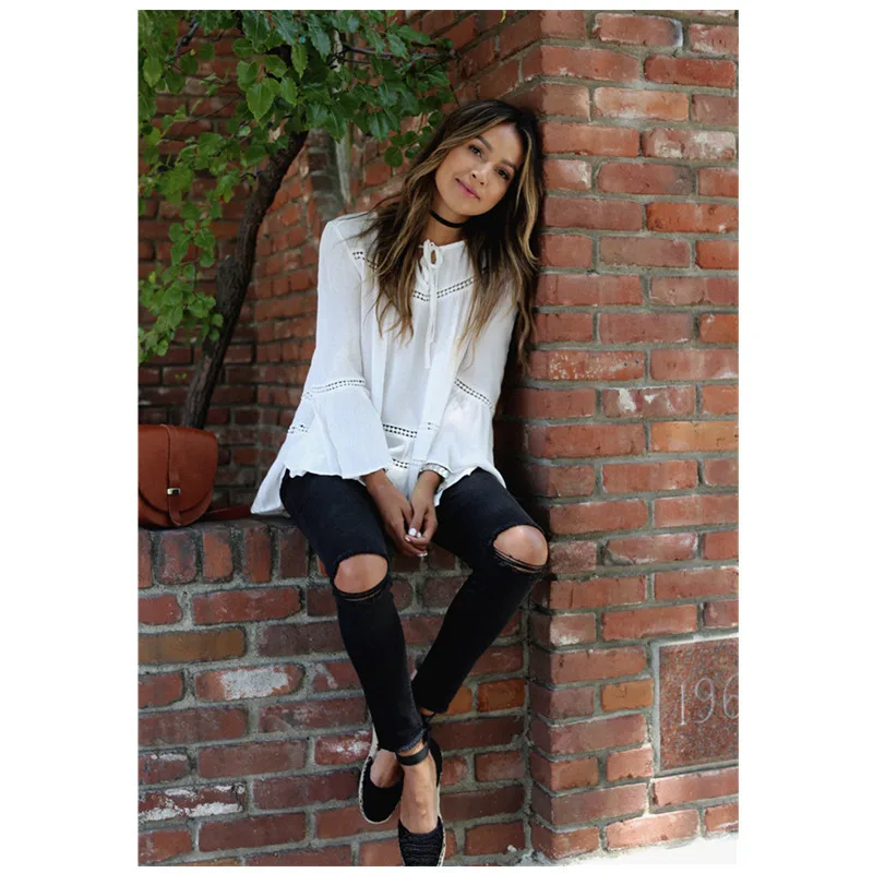 Новинка 2017 года Для женщин Кружево Повседневное белая блузка дамы с круглым