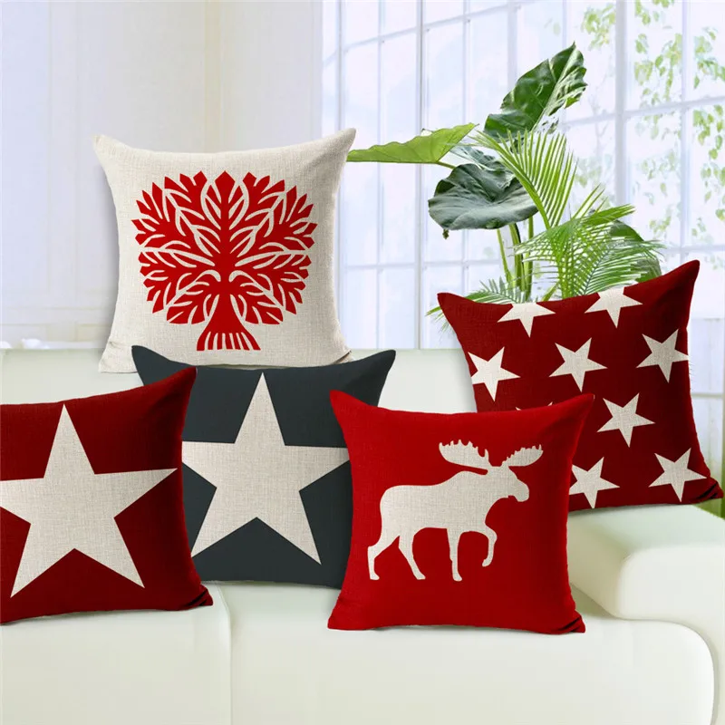 

Stylish Cushion Cover Deer Head Throw Pillow Christmas Gift Farmhouse 17.7 *17.7 Red Moose Cotton Linen Home Funda De Cojines