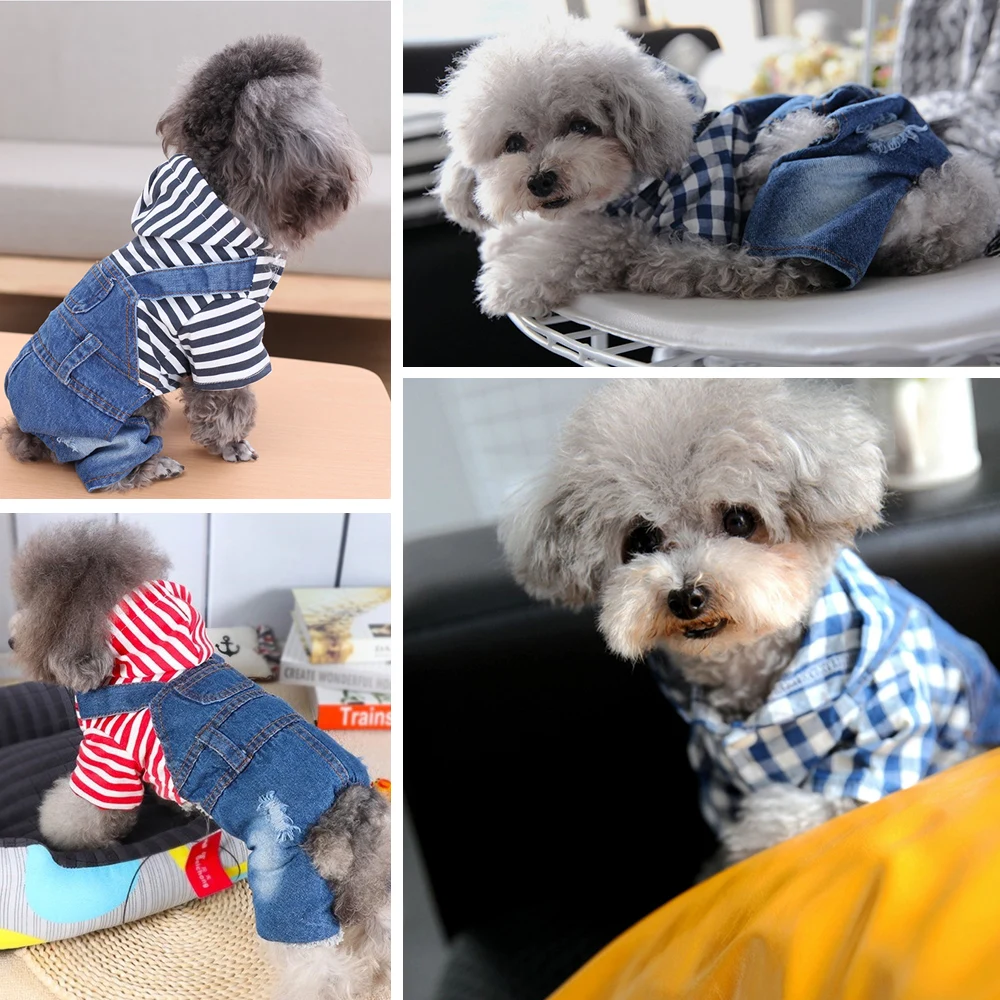 Джинсовый комбинезон в полоску с капюшоном для собак и кошек джинсовая куртка