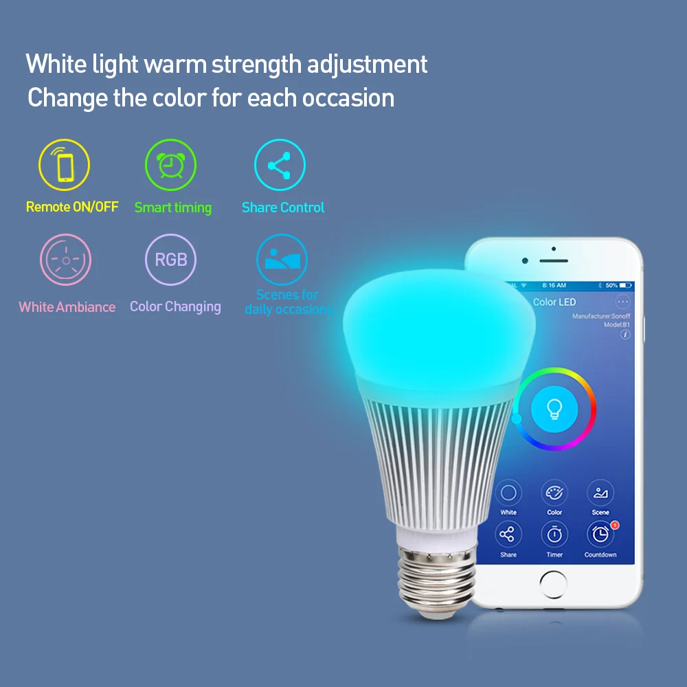 SONOFF B1 e27 Led Wifi Light Bulb Smart Dimmer Switch RGB Color Changing Controller Wireless Remote Google Home Voice Control |
