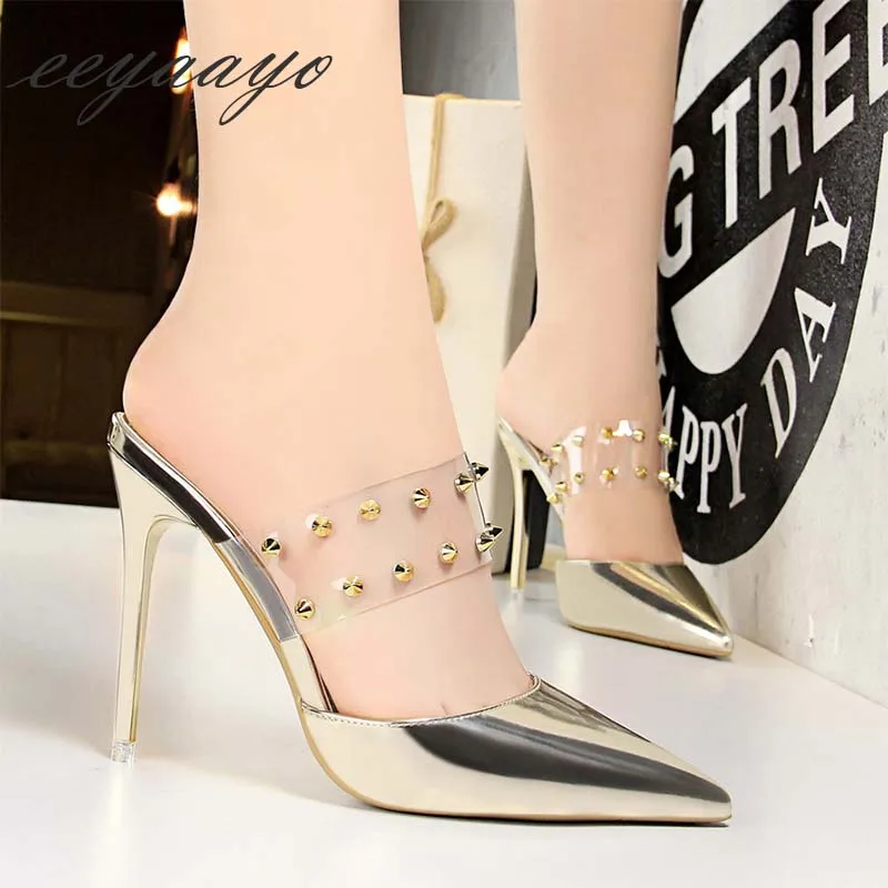 2019 New Summer Women Mules Slippers High Thin Heel Pointed Toe Metal Rivet Sexy Ladies Shoes Gold Outside Slides | Обувь