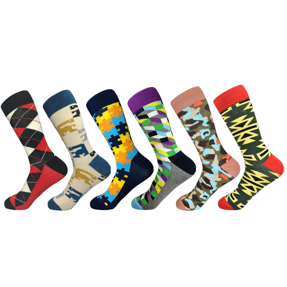 Многоцветный Calcetines Hombre, роскошные мужские носки, яркие, красочные, нежные, забавные, с узором Аргайл, повседневные платья, свадебные(6 пар/лот - Цвет: Многоцветный
