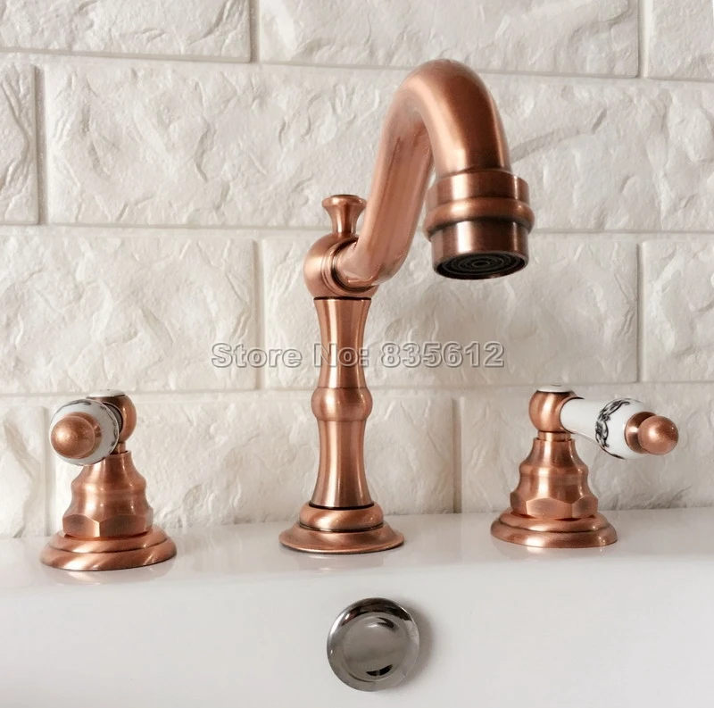 

Antique Red Copper Bathroom Widespread Tap Deck Mounted Basin / Sink / Bathtub Faucets Dual Handle Cold & Hot Water Taps Wrg042