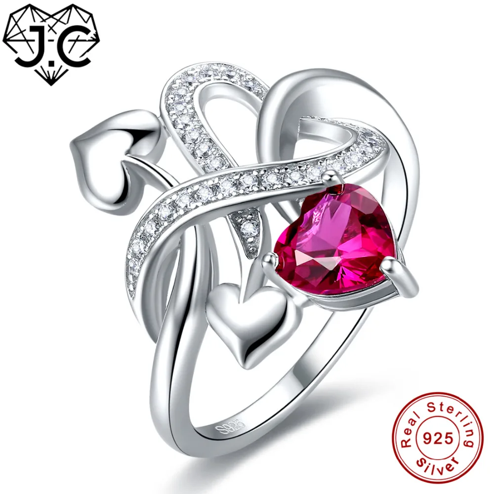 

J.C Romantic Heart Ruby Spinel Blue White Topaz 925 Sterling Silver Ring Size 6 7 8 9 For Lovers Wedding Fine Jewelry Nice Gift