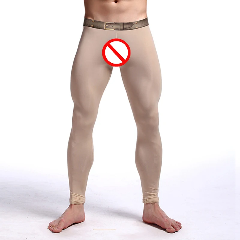 Mens Brand Sexy Nylon Transparent Long Johns Printed Fake Belt Homme lce Silk Sheer Leggings Bottoms/Gay Lounge Tights Underwear
