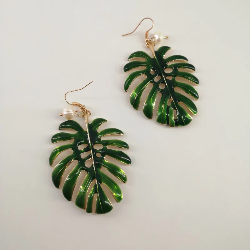Женские серьги-капельки с эмалированными металлическими полыми листьями в виде