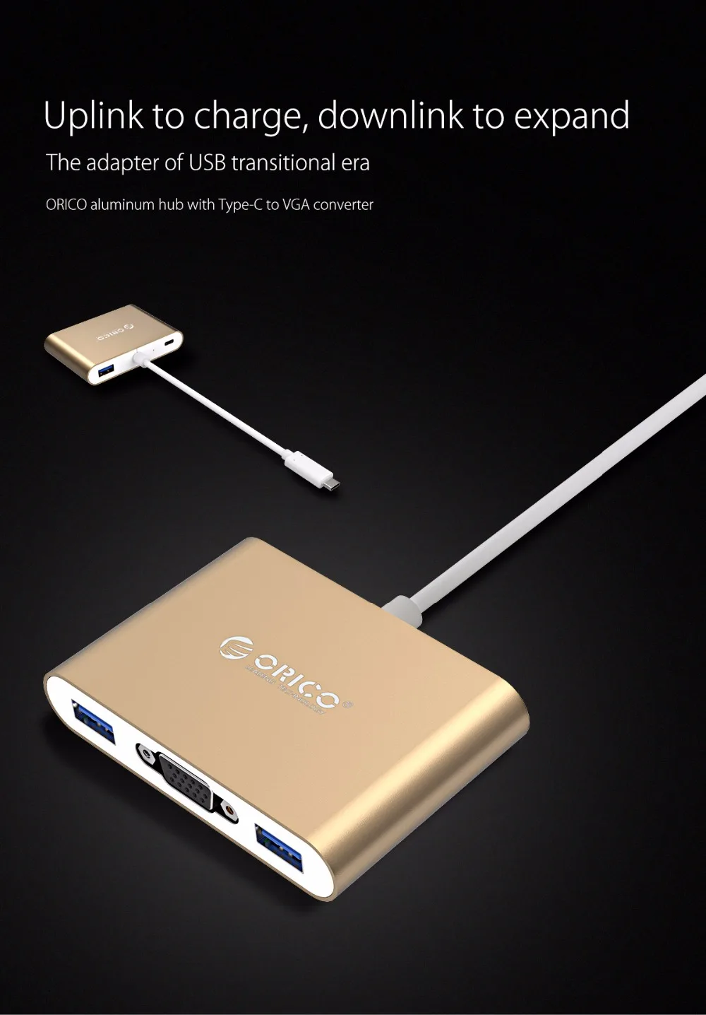 ORICO RCV3A алюминиевый концентратор с тип-c для VGA/тип-c/тип-a конвертер USB3.1 Gen1 5 Гбит/с 3 USB3.0 портами для Mac/Windows/Linux