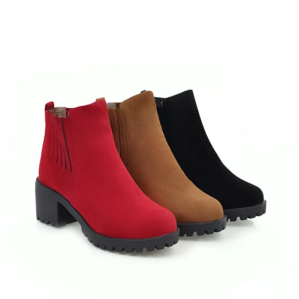 ASUMER/ горячая распродажа; женские ботинки; цвет черный, красный; сезон осень-зима; женские ботинки из флока с круглым носком; ботильоны на квадратном каблуке; большие размеры 34-43