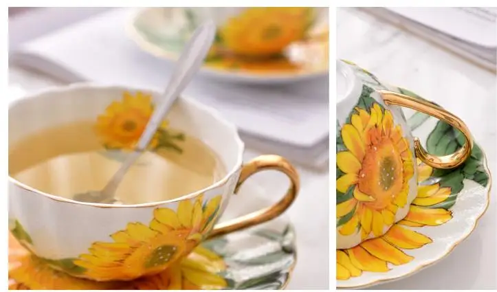 Костяной фарфор Чай Кофе комплект из чашки и блюдца подсолнечника Pattern Набор чашек современная керамика Кофе чашки причудливый фарфор Чай чашка подарок